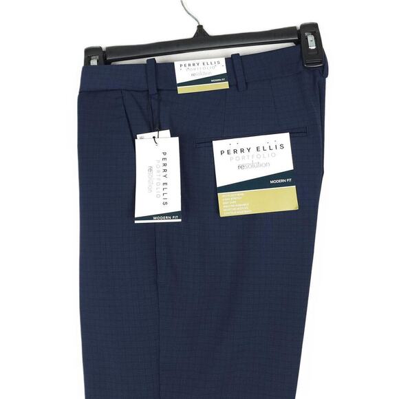 Perry Ellis Portfolio Men's Modern-Fit Stretch Dress Pants Navy Plaid 30x30 NWT